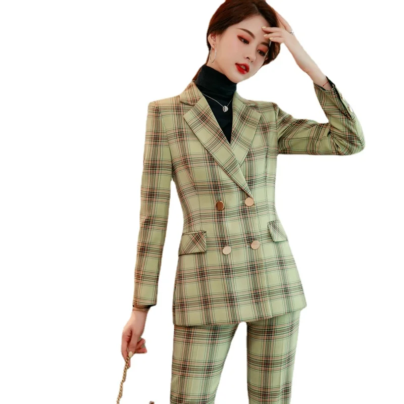 

High Quality Women's Pants Suit Spring Two-piece Professional Wear 2022 New Plaid Long-sleeved Office Jacket Work Clothes Female
