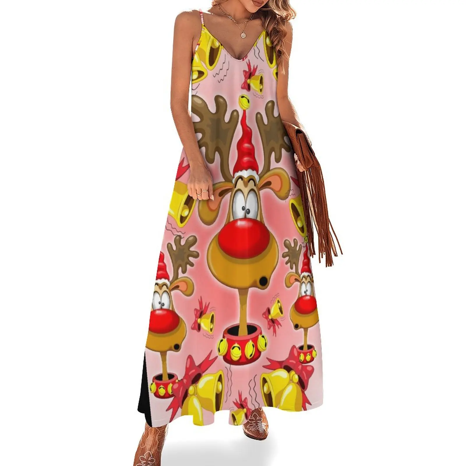 

Reindeer Fun Christmas Cartoon with Bells Alarms Sleeveless Dress long dress women summer evening dress ladies Women's dresses