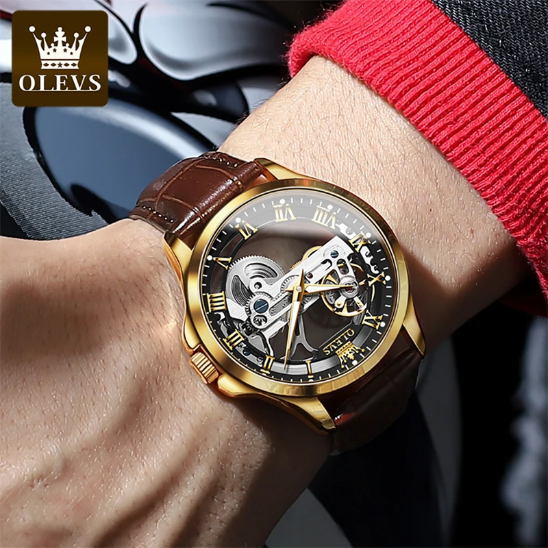 OLEVS Brand Fashion Transparent Mechanical Watch for Men Leather Waterproof Luminous Hands Steampunk Skeleton Watches Mens