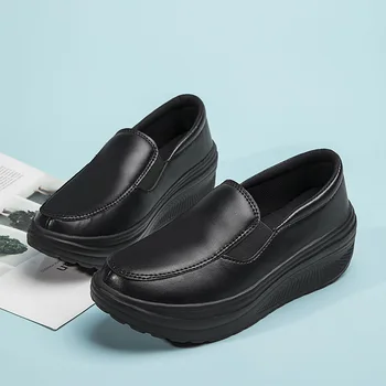 Women's Shoes Spring Genuine Leather Soft Outsole Work Shoes Female Black Swing Shoes Woman Plus Size Wedges Single Shoes2022 1