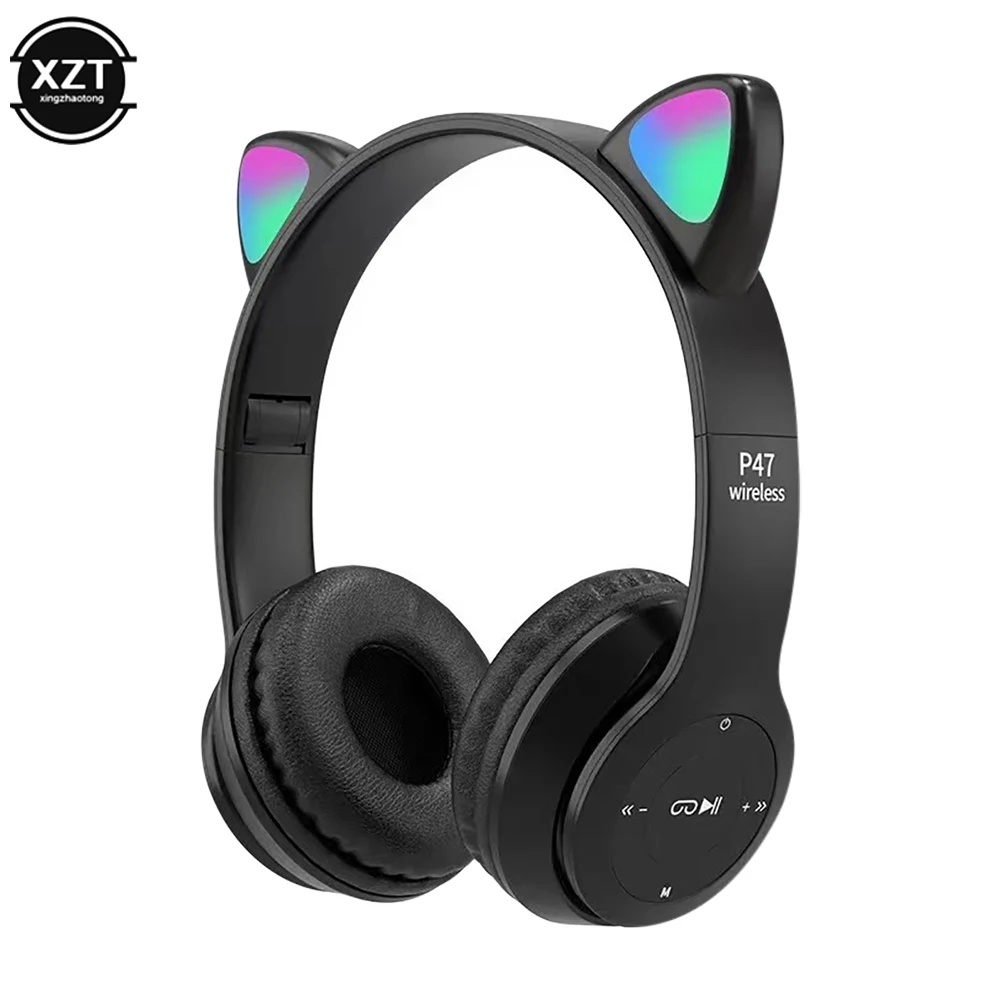 Cute Cat Ear Bluetooth-compatible Headset with LED Wireless Headset Children Girls Gift Stereo Music Sports Headset with Mic