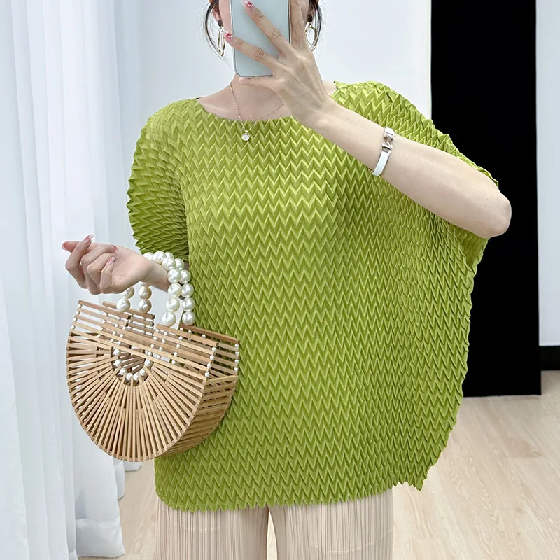 Miyake 여성 2023 플리츠 티셔츠, 캐주얼 루즈핏, 다목적 배트 슬리브, 라운드넥 플리츠 탑, 여름 신상 패션 