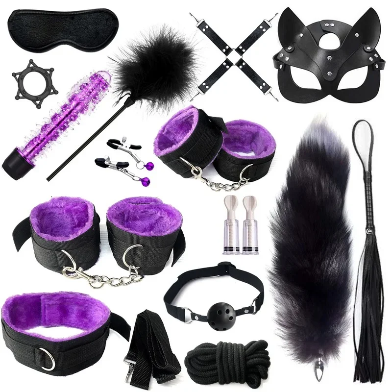 Fox Tail Anal Plug Dance Mask 15 Piece Set Combination Handcuffs Whip Neck Nipple Clip Sex Couple Adult Masturbation Sex Toy