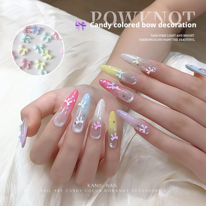 카니우 50/100개 3D 미니 리본 네일 참 컬러 그라데이션 네일 액세서리 젤 폴리쉬 DIY 네일 아트 데코 브라이덜 파티 매니큐어