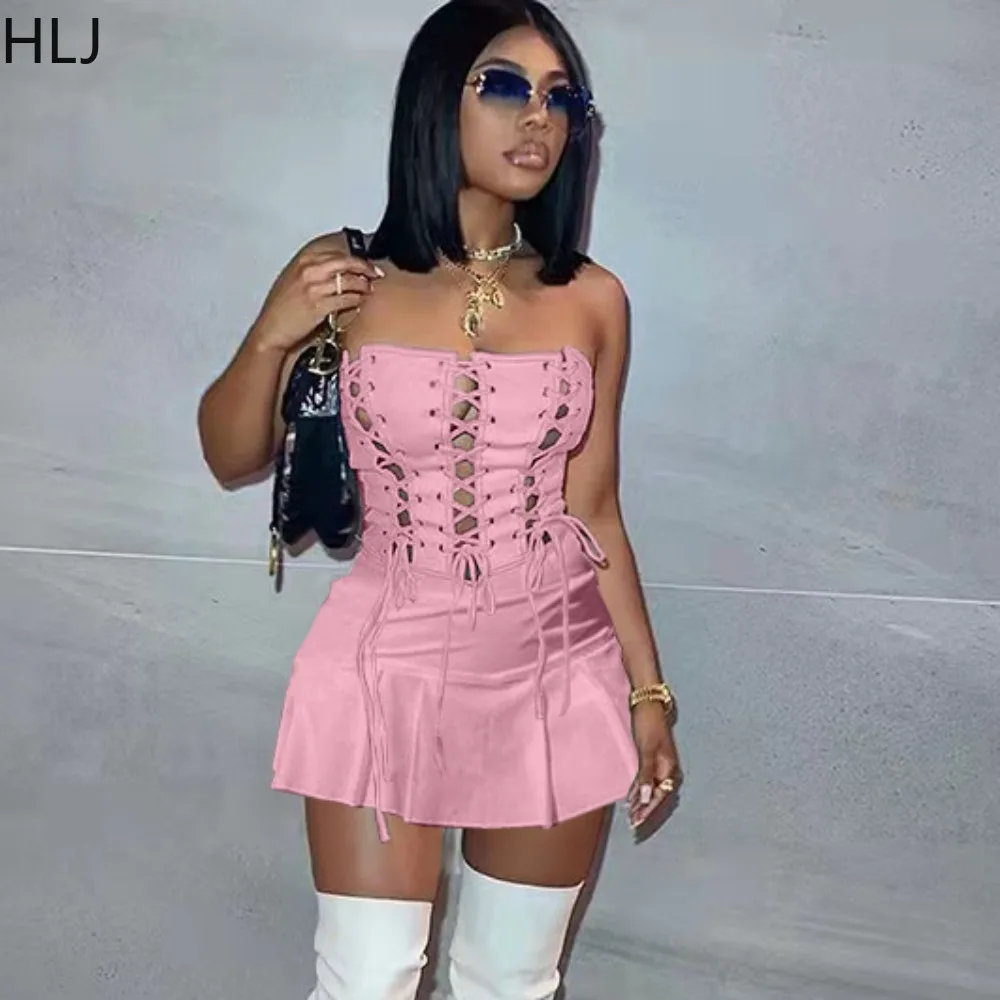 

HLJ Sexy Off Shoulder Hollow Out Bandage Party Nightclub Mini Dresses Women Sleeveless Lace Up Bodycon Vestidos Fashion Clothing