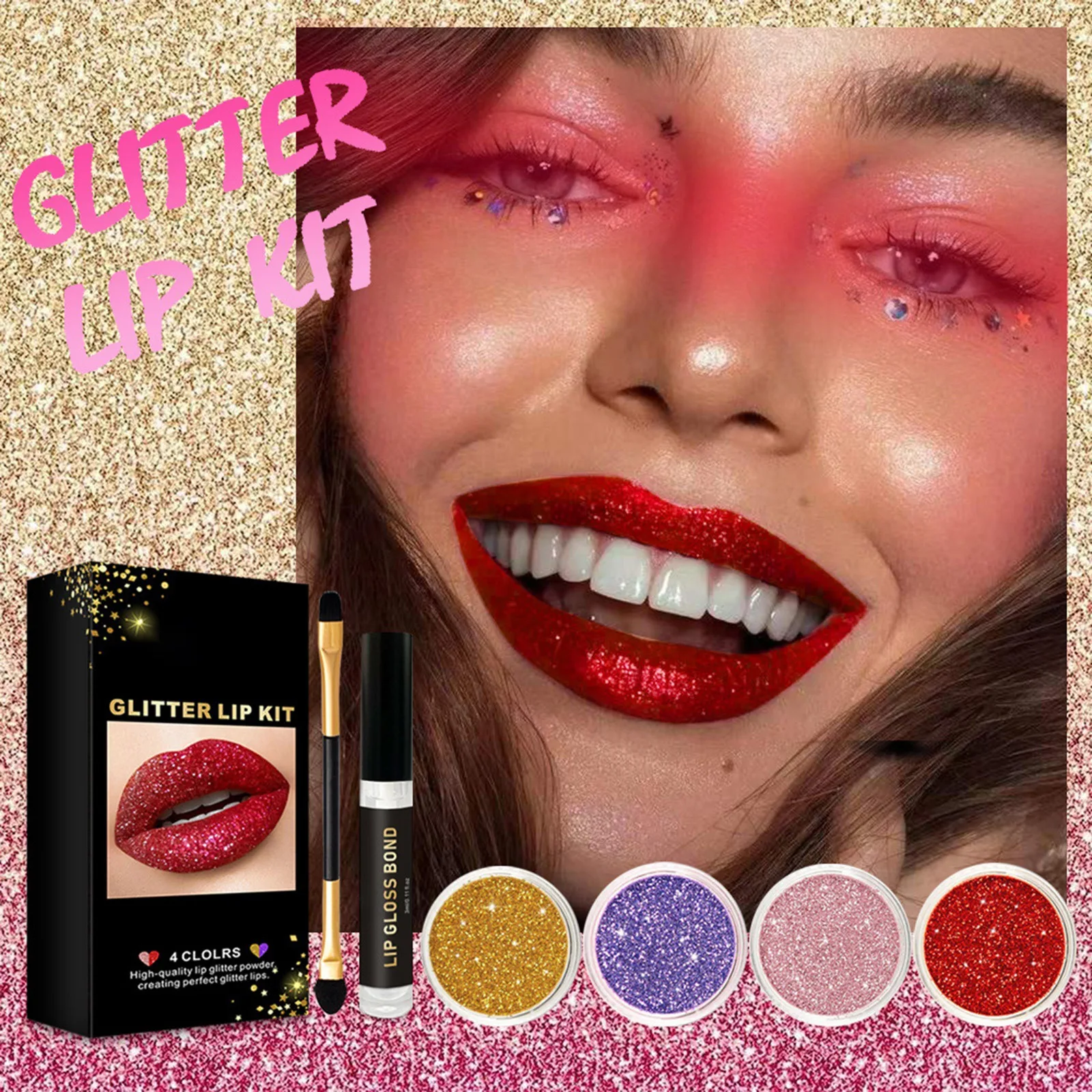 Makeup Glitter Lip Kit Long Lasting Shimmer Lip Glitter with Brush Cosmetic