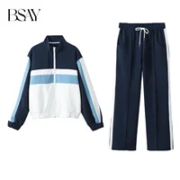 BSAY Women Fashion Spring New Stripe Long Sleeve Zip Bomber Jacket Chic Female High Waist Jogging Pants Two-piece Set