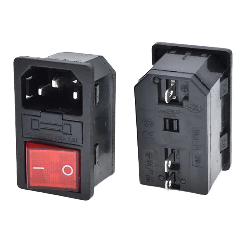 IEC 320 C13 C14 AC Inlet Power Plug Socket 250V 10A Fuse Red Lamp Rocker Switch Rewirable 3 Pin Electrical Male Female Connector