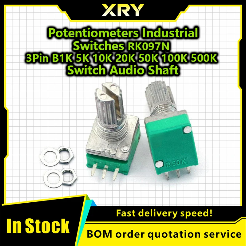 XRY Potentiometers Industrial Switches RK097N 3Pin B1K 5K 10K 20K 50K 100K 500K Switch Audio Shaft 15mm Amplifier Sealing 5Pcs