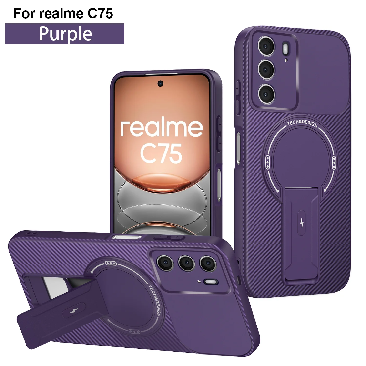 Carbon Fiber Pattern Magnetic Wireless Charging Phone Case with Foldable Stand