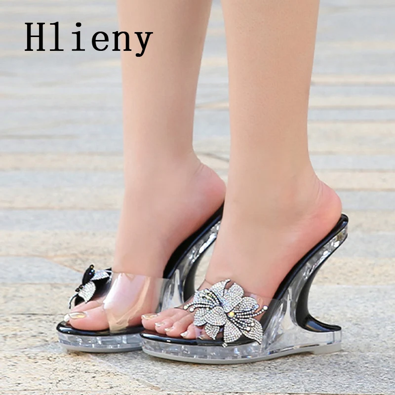 Hlieny Summer Sexy PVC Transparent Wedge Slippers Fashion Crystal Flowers Women's Sandals Strange High Heels Platform Shoes