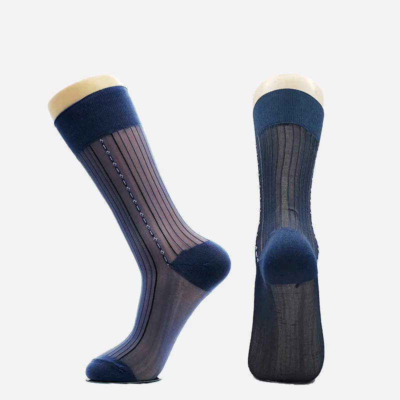 

6 Pairs Mid-Calf Silk Socks for Men Thin Nylon Sheer Sock Large Vertical Striped Business Casual Stockings Husband Fathers Gift