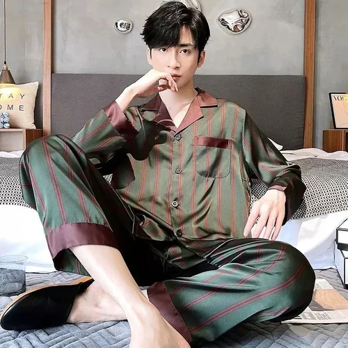 Spring/Summer Korean Version of Pajamas For Men Bathrobes Pajamas Men Summer Loose Fitting Thin Ice Silk Bathrobes Home Clothing 5