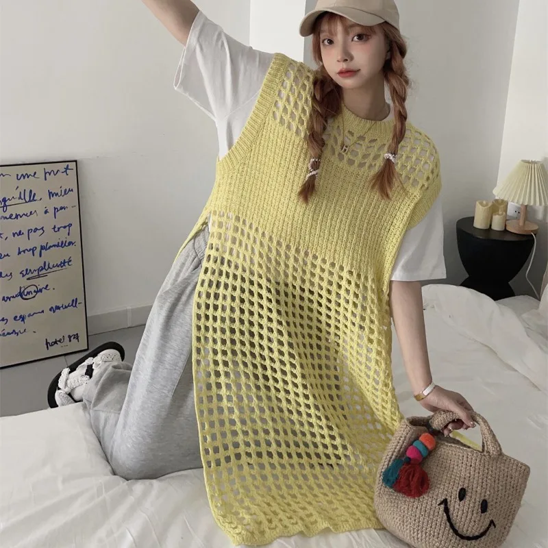 

Knitted Long Dress Women Hollow Out Design Sleeveless Solid Casual Vest Dress Fashion Holiday Summer Chic O-neck Split Tops P843