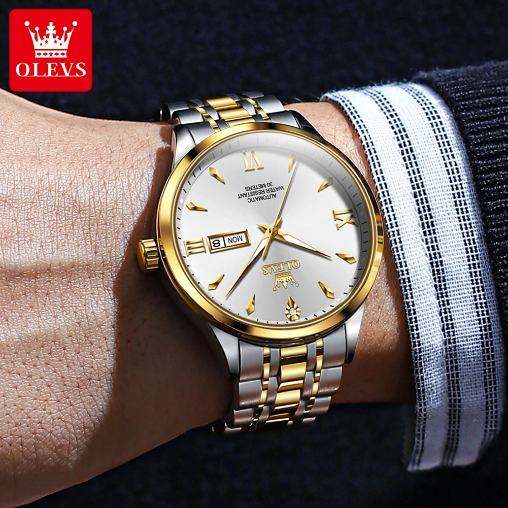 OLEVS 9956 Automatic Watch Man Top Brand Business Dual Calendar Mechanical Watch For Men Original Stainless Steel Wristwatch