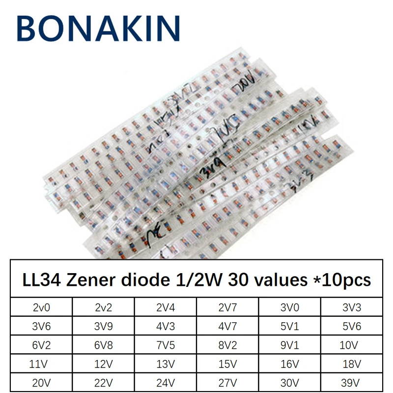 

LL34 SMD Zener diode package 1/2W 2v-39v 30 values *10pcs=300pcs Assorted Kit