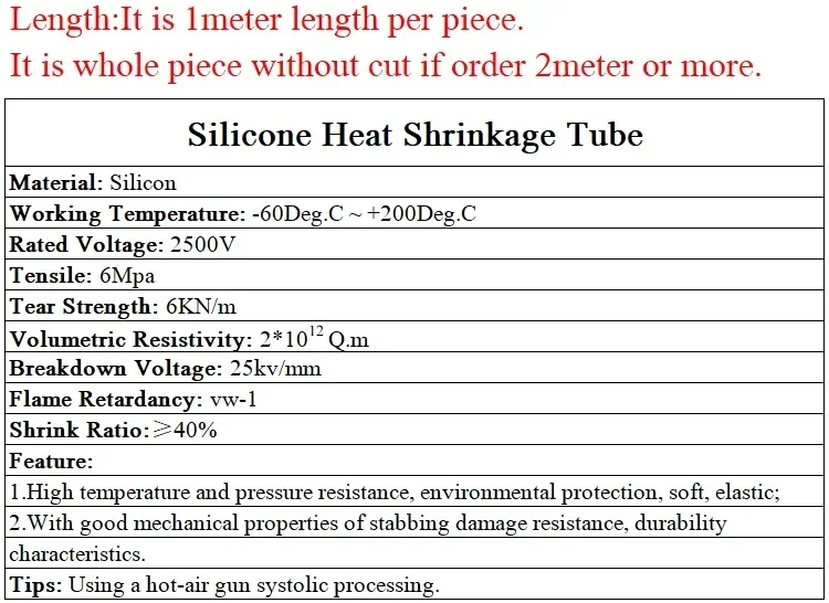 Description Picture 2 of itemSilicone Heat Shrink Tube Diameter 0.8~30mm 2500V Flexible Cable Sleeve Insulated High Temperature Soft DIY Wire Wrap Protector