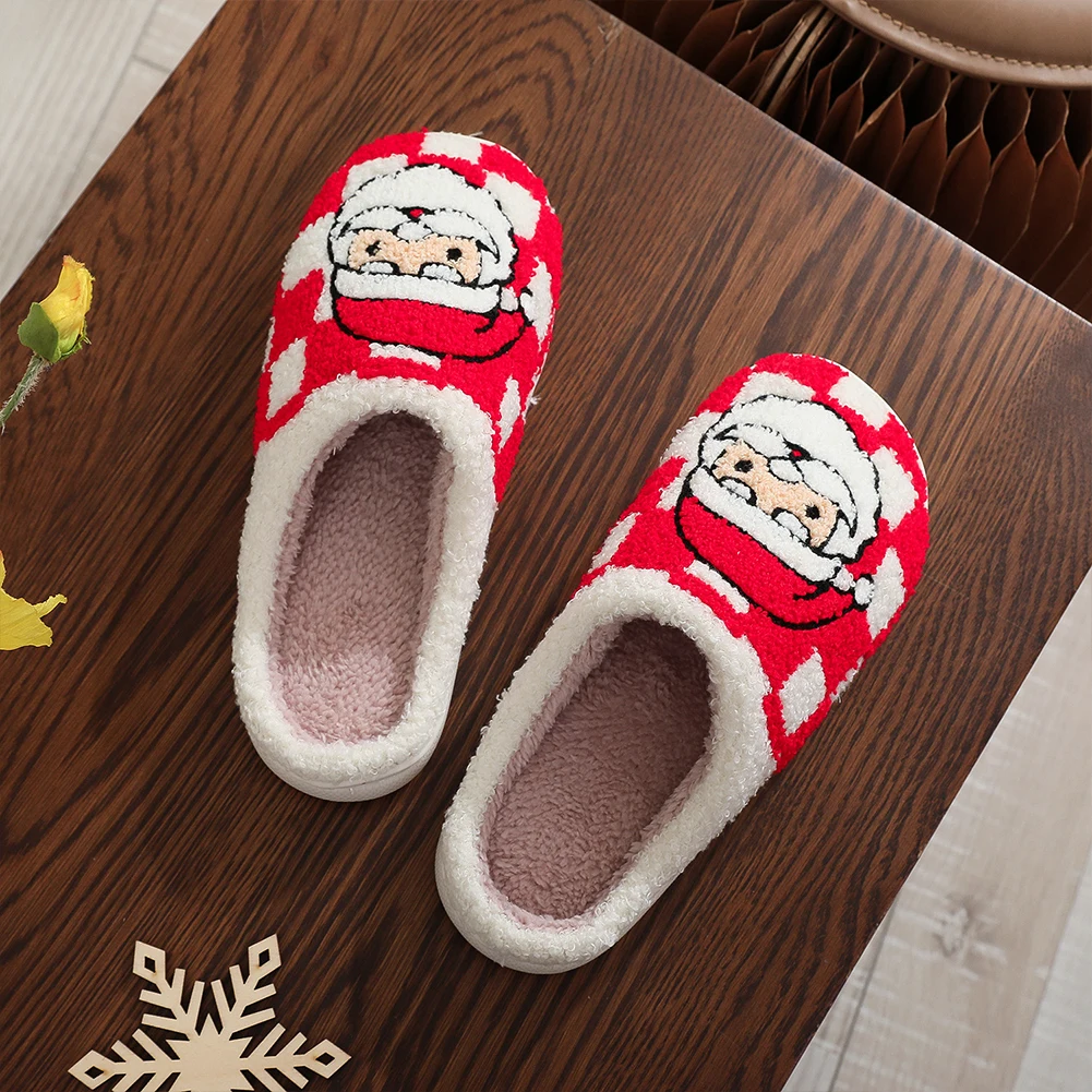Christmas Santa Claus Slippers Plush Checkered Santa Slippers Comfortable Cute Furry Soft Couple for Men Women
