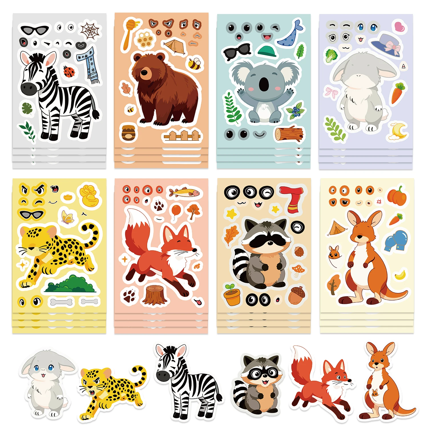 8/16/24PCS Children DIY Puzzle Sticker 8 Animals Make A Face Funny Assemble Jigsaw Stickers Kids Educational Toys