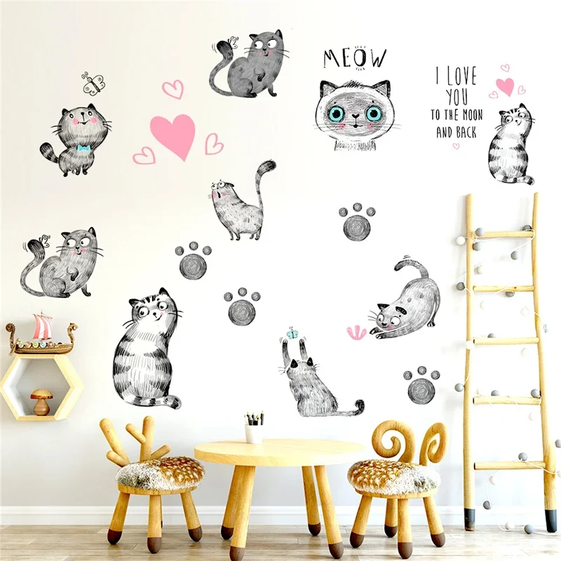 Black gray hand painted cat wall Stickers living room bedroom children's room Cats decoration decal