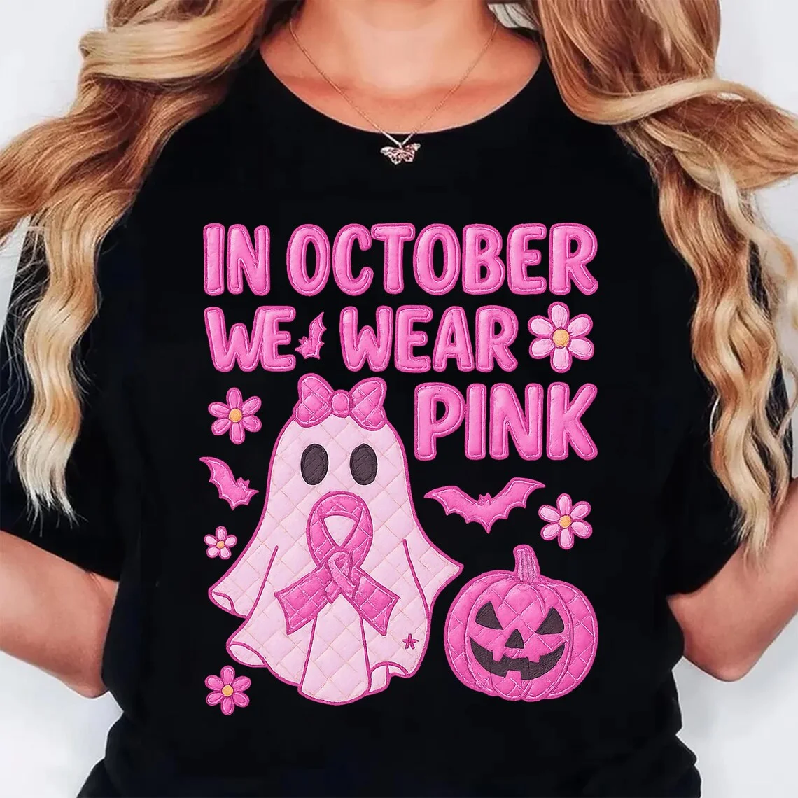 Im Oktober tragen wir rosa Geist Halloween Grafik T-Shirt Top Trend Harajuku Kurzarm Unisex Shirt Muster großes T-Shirt – Detail 4