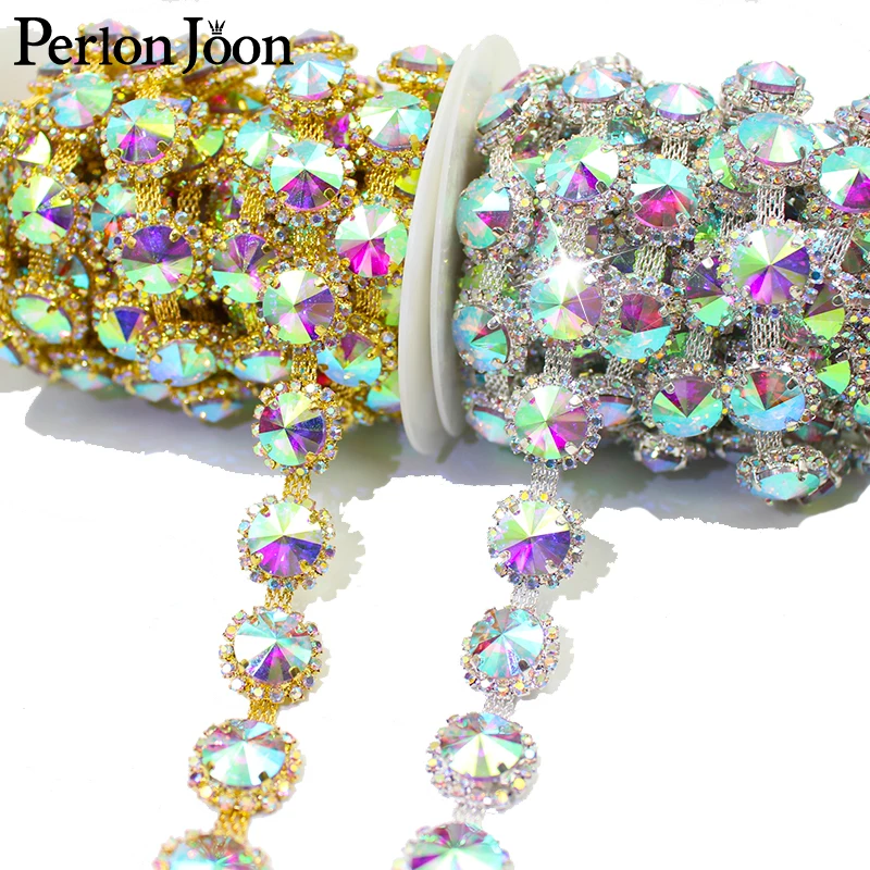 

1 Yard Round Spire AB Glass Gold Silver Rhinestone Trim AB Crystal Chain DIY Shoes Bag Decoration Accessories ML160