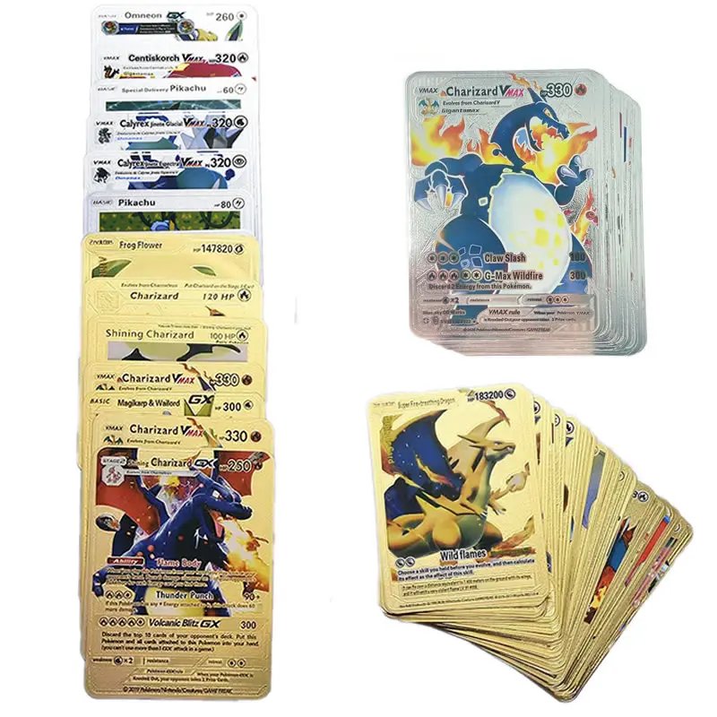 54pcs Pokemon Gold Foil Card Pack Metal English VMAX GX letters silver foil Cards Charizard Game Collection Kids Toys Gift | Игрушки и