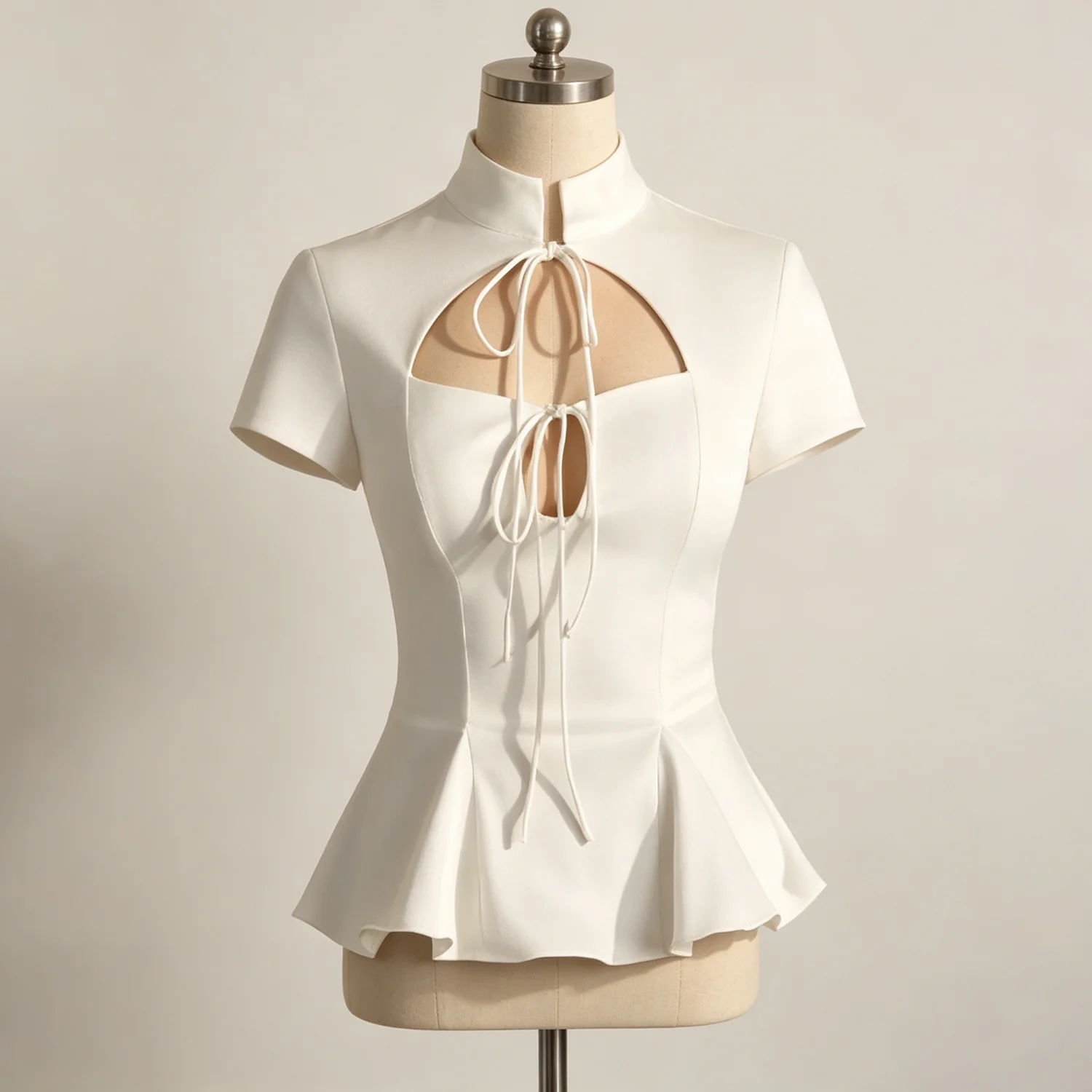 LIMO Elegant White Lace Up Peplum Top, Mandarin Collar Cutout Blouse, Women's Y2K Party Clubwear