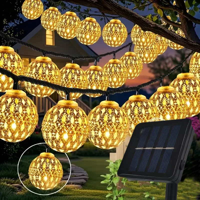 Enchanting Solar Moroccan Ball String Lights - 8 Mode Decorative Outdoor Lighting for Garden and Festive Celebrations