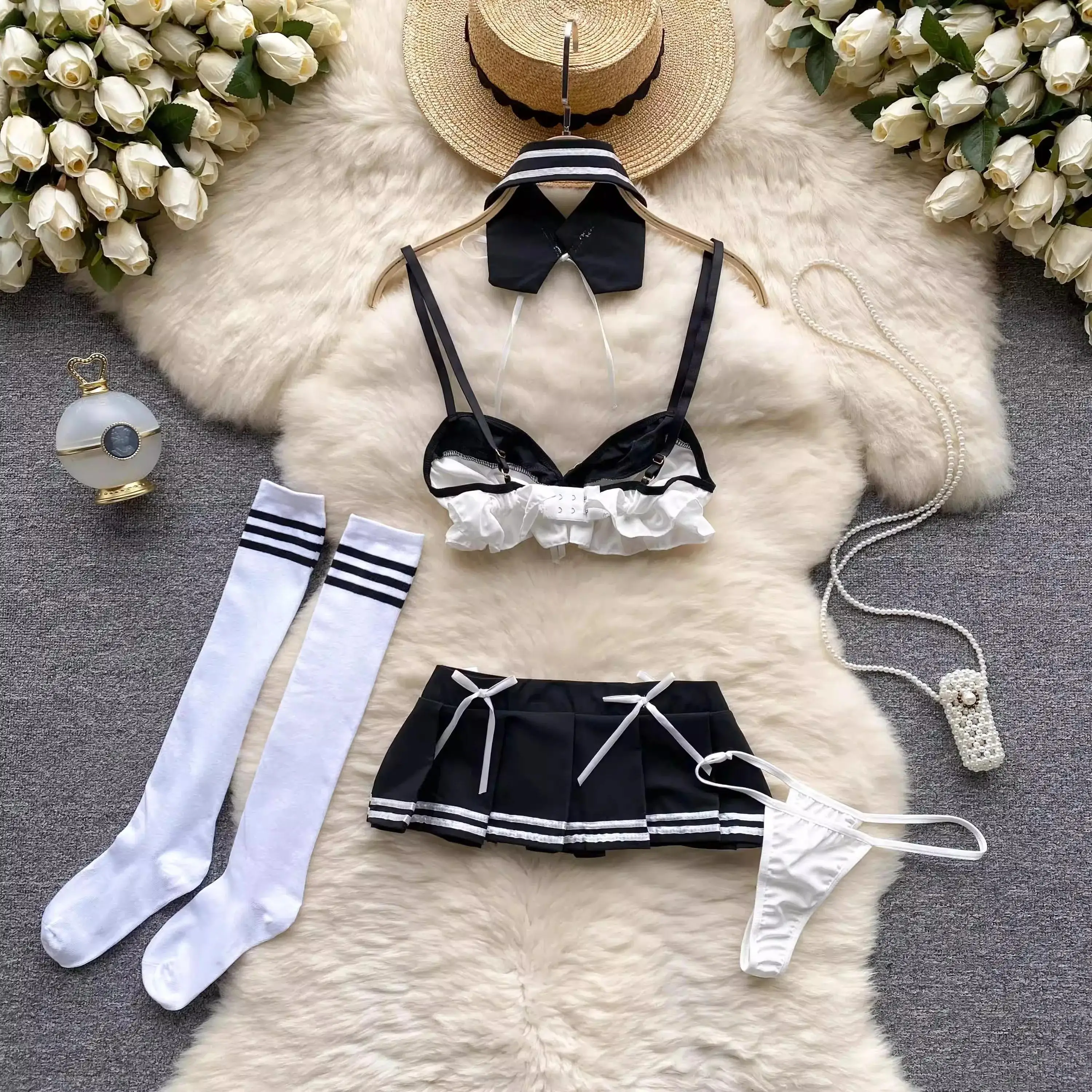 Japan Girls Vintage Cosplay Costume Sexy JK Uniform Skirt Suits Pajamas Outfits Erotic Striped Bow Tie Pleated Skirts Set 2