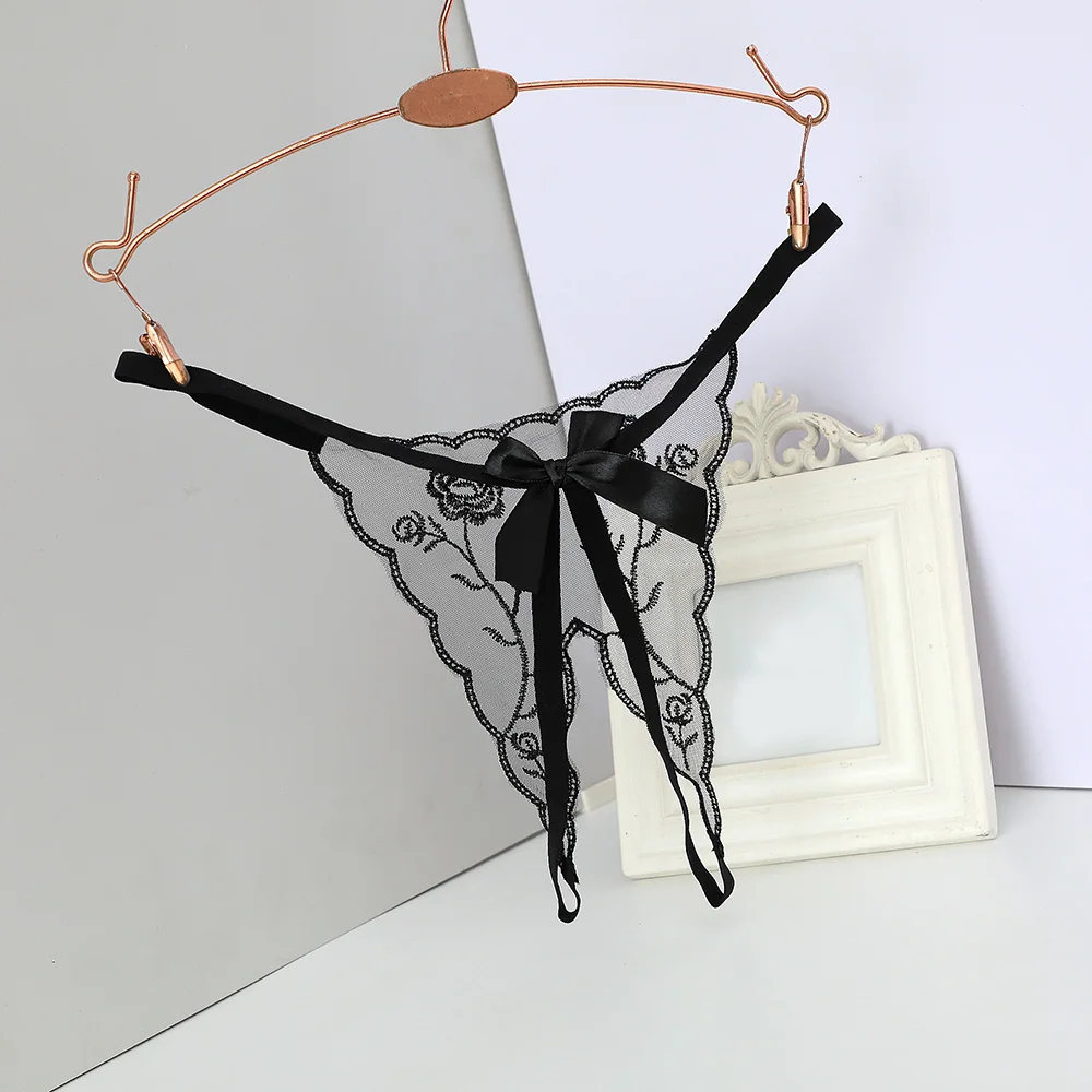 Open Thongs for Women Crotchless Embroidery G String Tanga Lace Briefs Transparent Sexy Lingerie