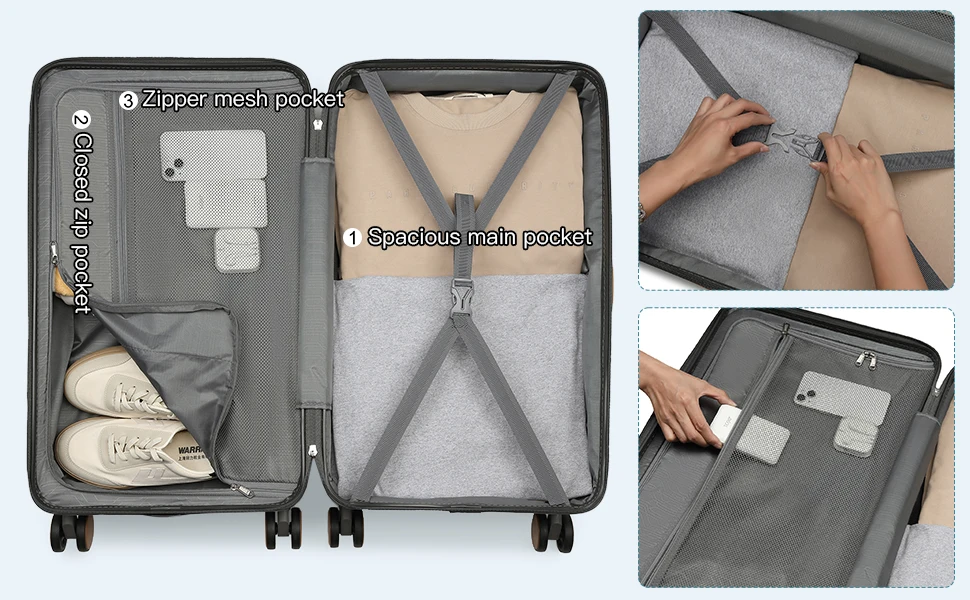 Grey suitcase interior with multiple compartments, mesh pockets, and clothing storage sections, shown with packing demonstration insets.