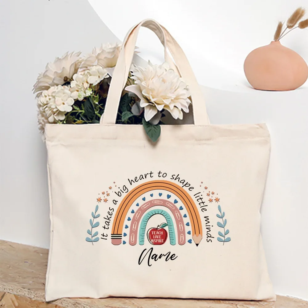 Personalized Tote Bag Custom Name Canvas Shoulder Bags Teacher Life Shopping Bag Female Travel Handbags Best Gift for Teachers 3
