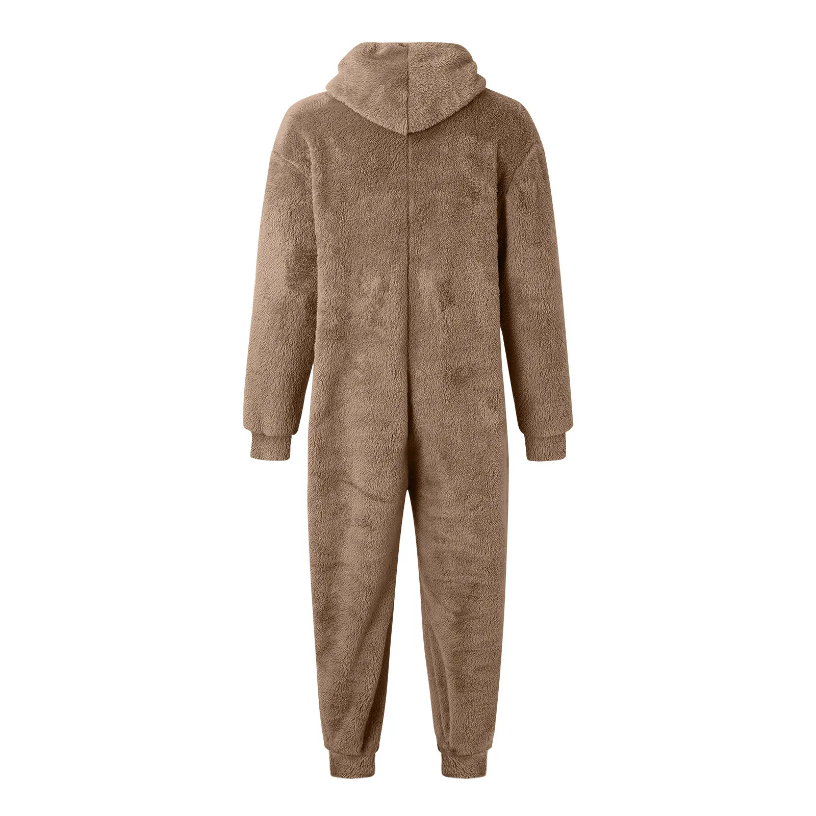 Men Bodysuits Artificial Wool Pajamas Solid Color Zipper Loose Hooded Jumpsuit Winter Warm Sleepwear