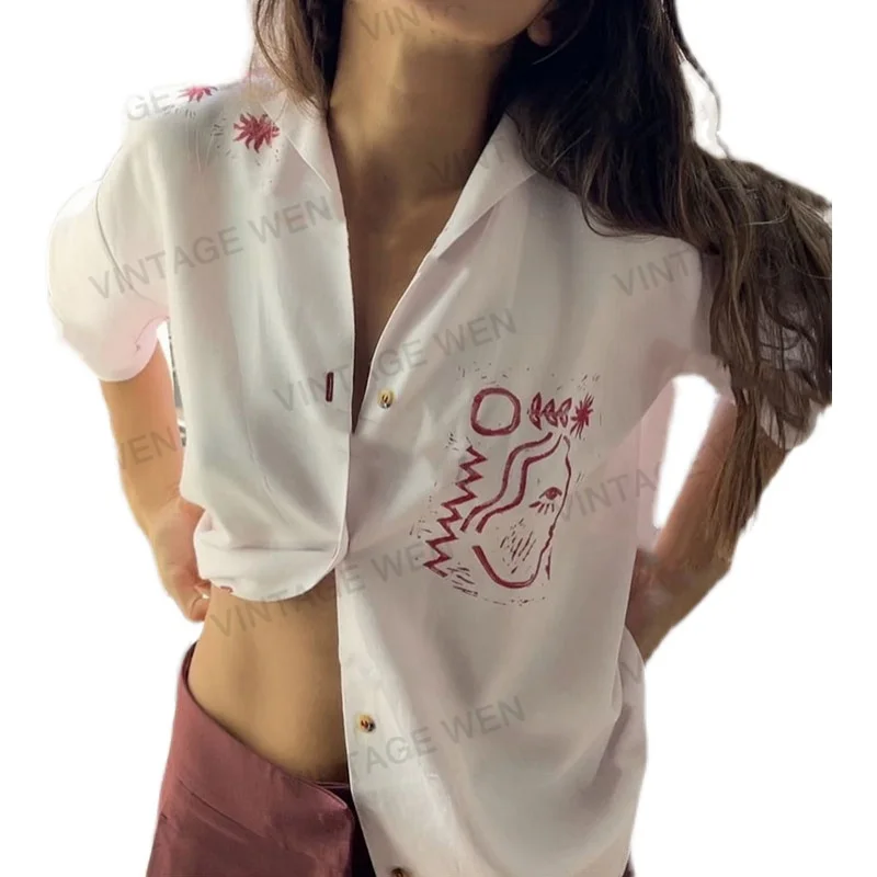 

American-Style Retro Loose Printed White Short-Sleeved Shirt Women's Summer Design Sense Niche Top