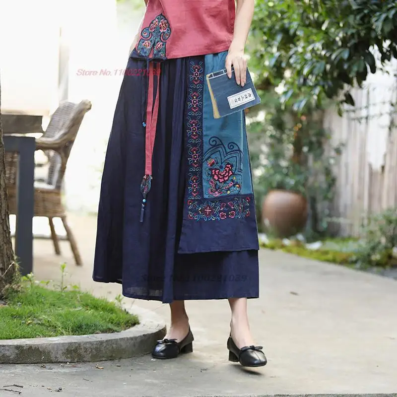 Женская длинная юбка с цветочной вышивкой, трапециевидная юбка составного кроя в этническом винтажном китайском стиле Харадзюку, элегантная юбка в стиле ретро, 2024