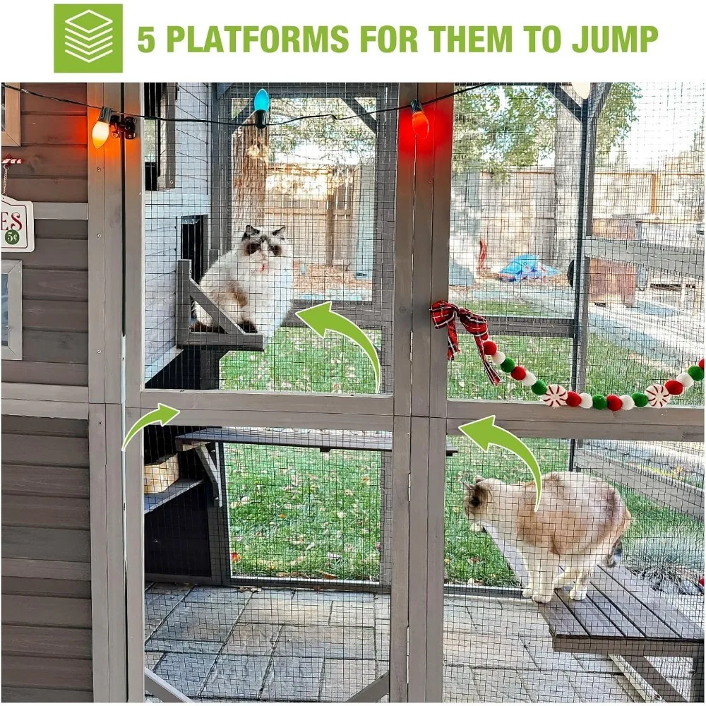 Cat House, Cat Enclosure Outdoor Wooden House Large Catio Vertial Kitten Kennel Cats Cage 4 Tiers 77" L X 36" W X 69" H
