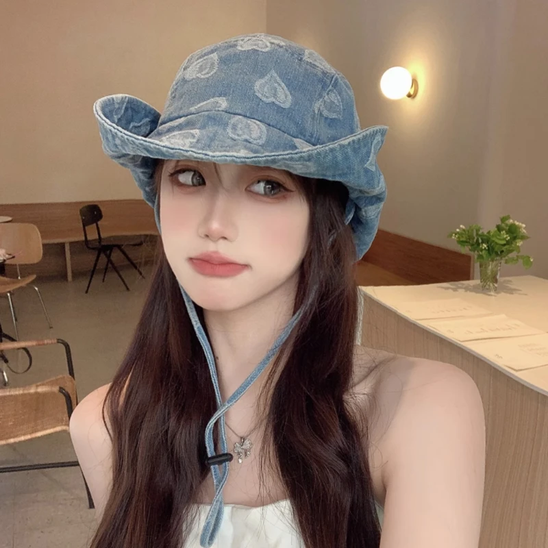 Golf Hat Love Jacquard Big Brim Sunshade Cowboy Caps Retro Washed Denim Bucket Hat Outdoor Camping Hiking Hats for Women and Men