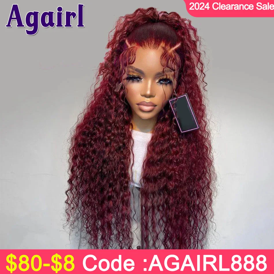 Peluca de cabello humano rizado, postizo de encaje Frontal, color rojo oscuro, 99J, Borgoña, 13x4, 13x6, ONDA DE AGUA brasileña, 6x4, cierre