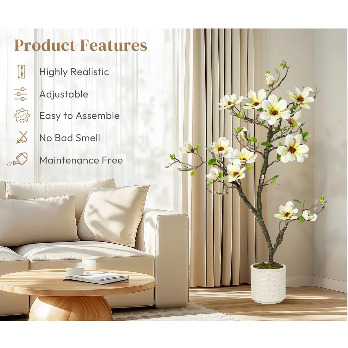 120 cm/150 cm/180 cm hoher künstlicher Magnolienbaum, künstliche Magnolienpflanze, künstliche Blumenbäume, künstliche Pflanzen für die Dekoration zu Hause und im Büro – Detail 8