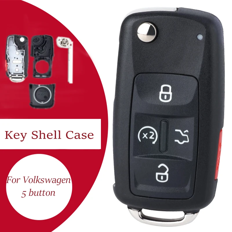 

KEYECU Flip Folding Remote Car Key Shell Case 5 Button For Volkswagen VW Sharan Multivan t5 Caravelle Replacement K0 837202 AD