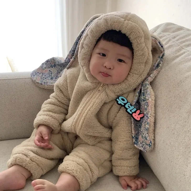 

Baby Onesie Winter Toddler Jumpsuits 2022 New Ins Rabbit Ears Plush Rompers Thick Baby Warm Clothing Newborn Baby Clothes