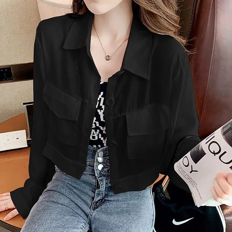 Stylish Solid Color Pockets Button Casual Chiffon Shirt Female Clothing 2023 Autumn New Oversized Loose Tops Commute Blouse