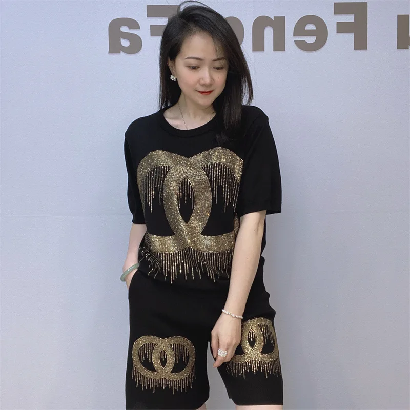 Casual Sequins Knitted Short Pant Sets Women 2 Piece Summer O Neck Short Sleelve Black Top Matching Sets Sportwear Femme