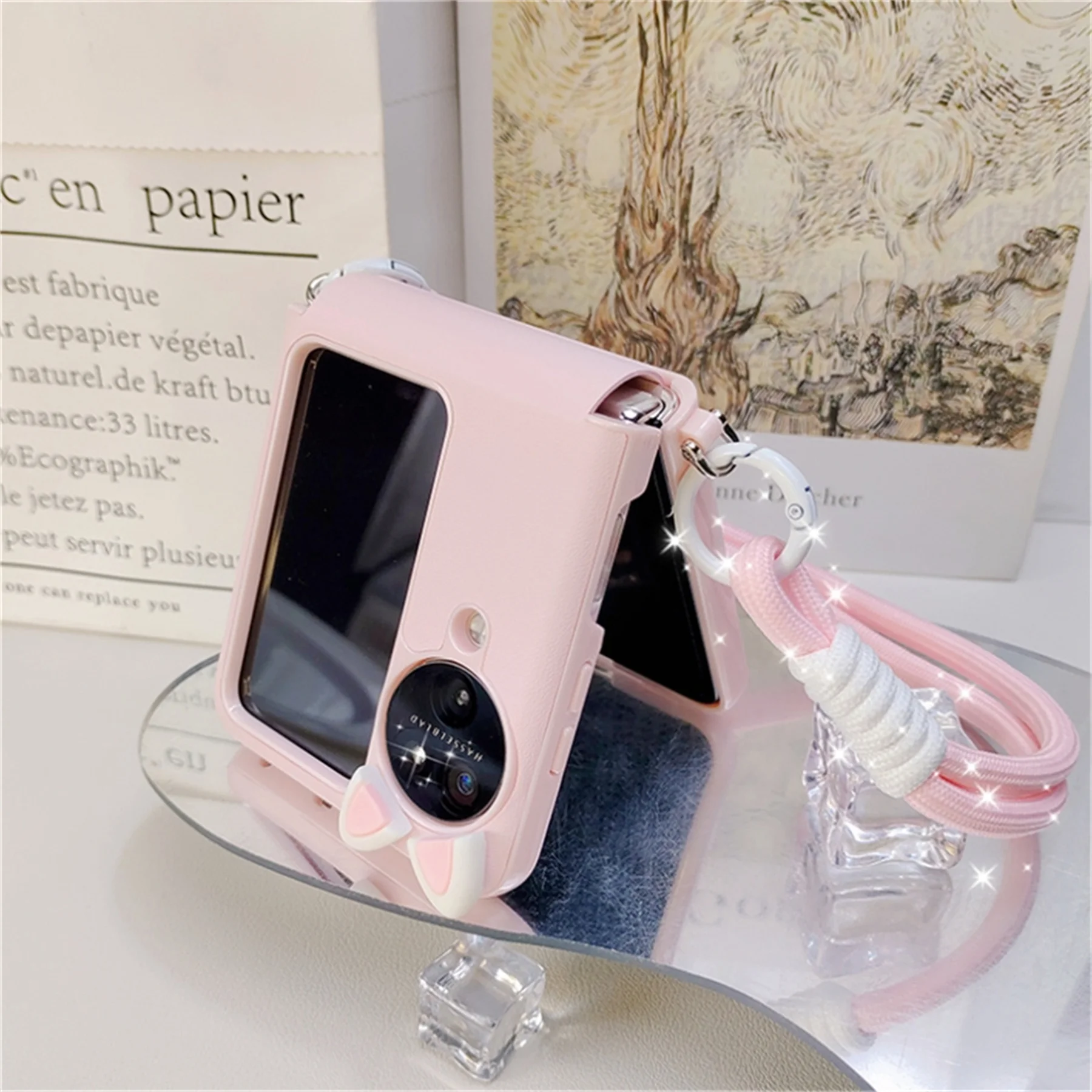 Korean Cute Cat Ear Pink White Hand Strap Phone Case - Kawwii Style Back Cover