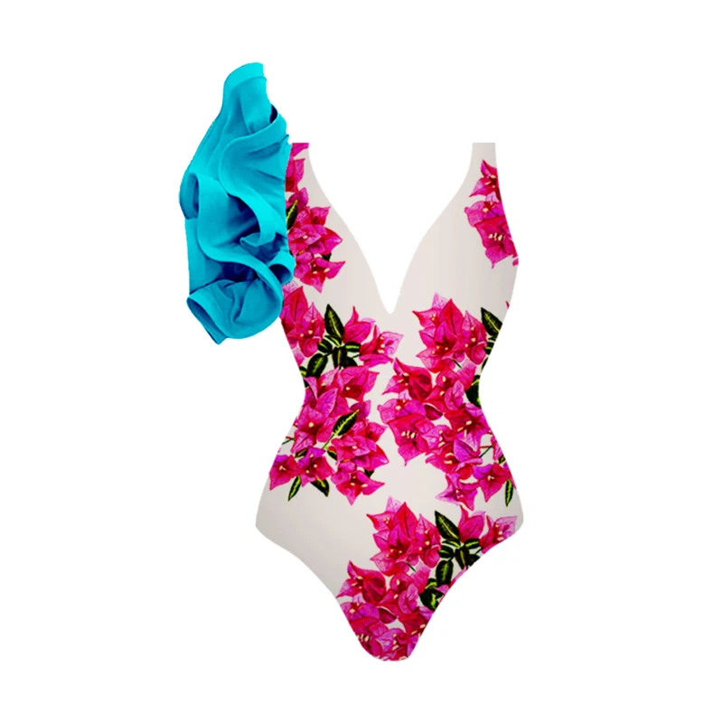 2023 Flower Printed Swimwear Ruffle Design One Piece Swimsuit and Strappy Skirt Retro Beachwear Cover Up Bathing Suit Smock