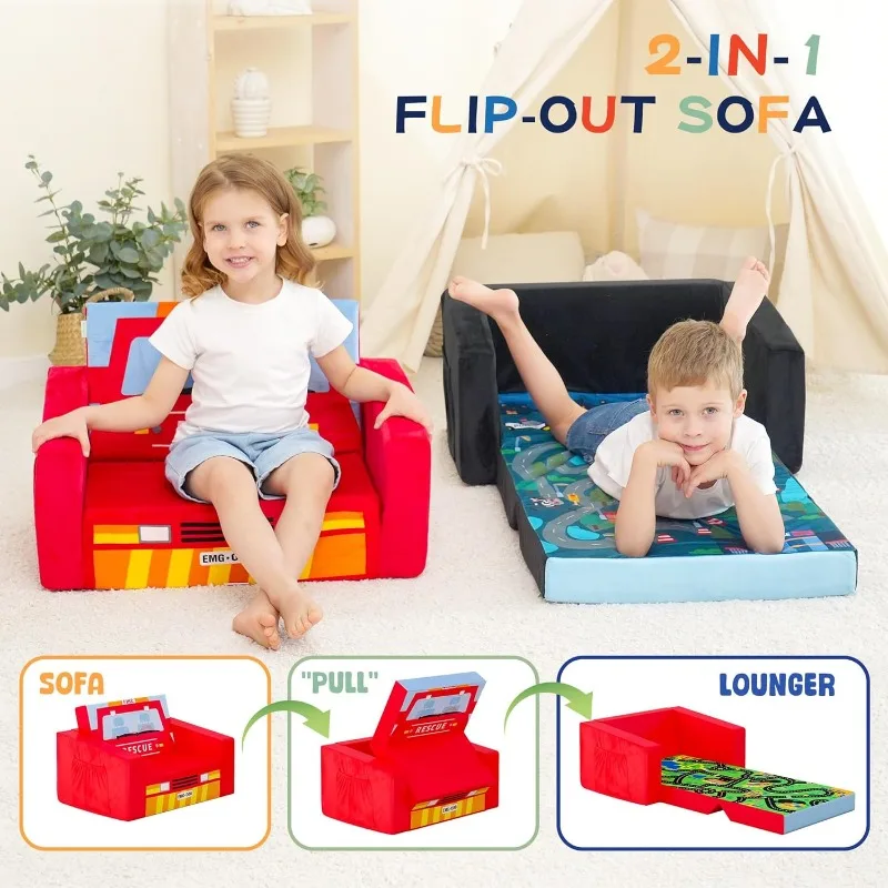 Kids Sofas Children's Sofa Bed Baby's Upholstered Couch Sleepover Chair Flipout Open Recliner 3