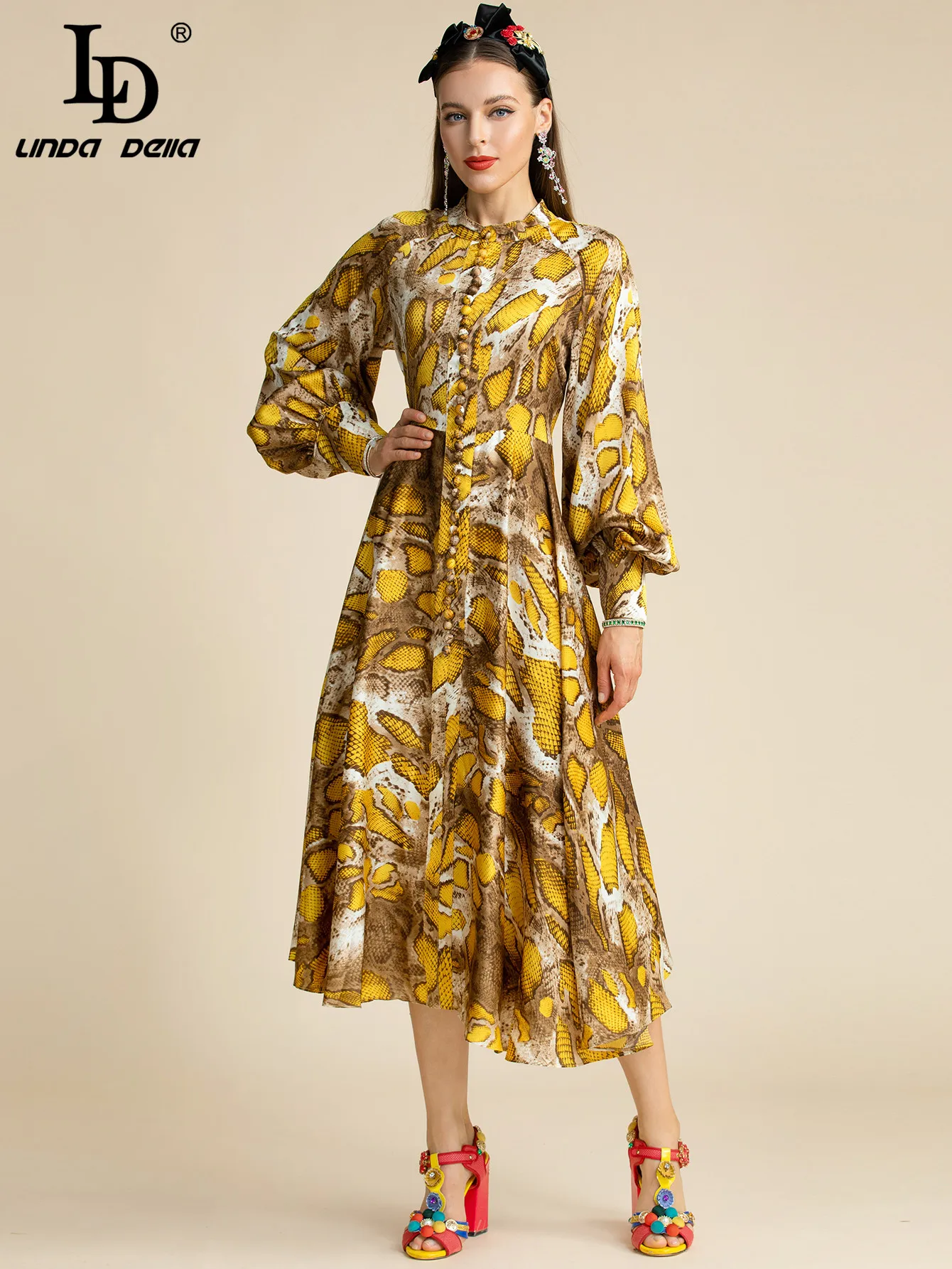 

LD LINDA DELLA Fashion Runway Autumn Dress Women Lantern sleeve Single-breasted Vintage Snake print Party Midi Dress Vestidos