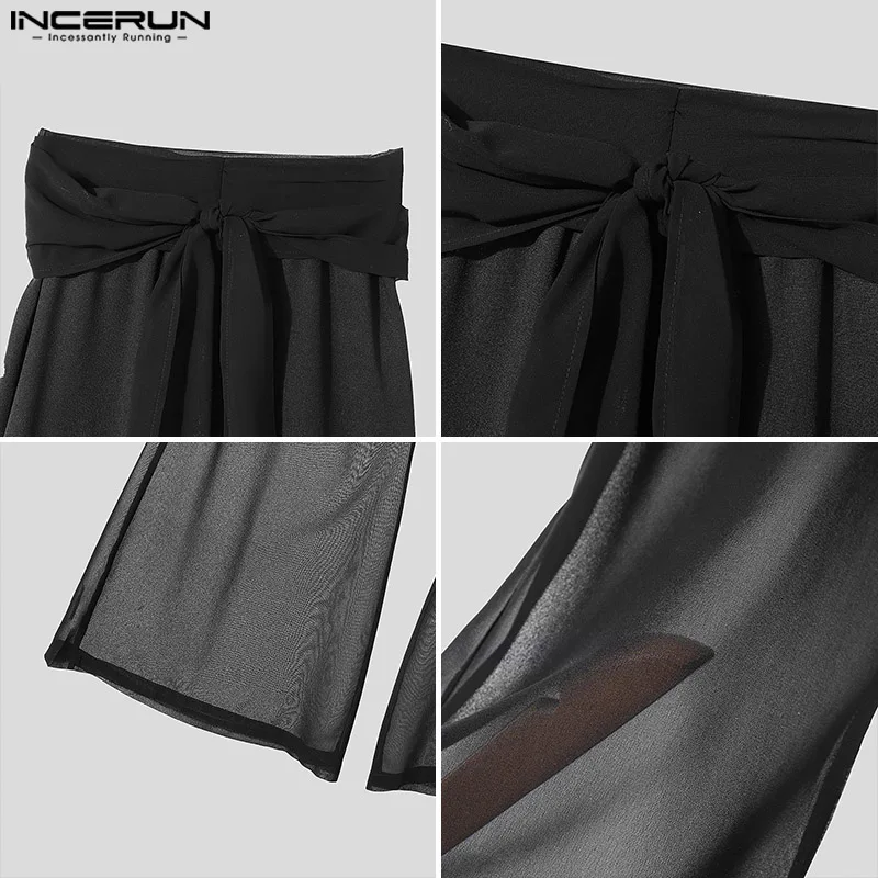 INCERUN Men Casual Long Pants 2024 Streamers Belt Mesh Splicing Trousers Hansome Male Wide Leg Bottoms Simple See Through Pants 4