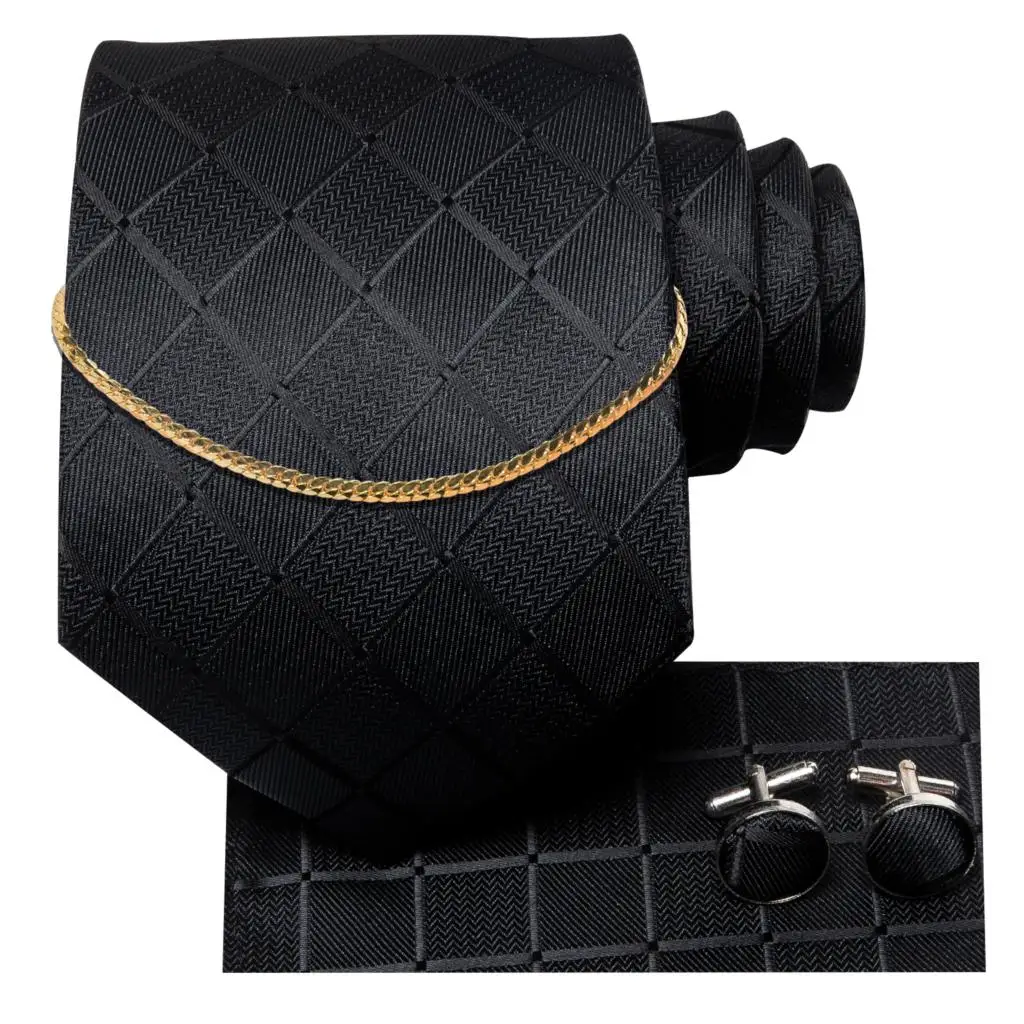 Hi-Tie Business Black Luxury Plaid Mens Tie Silk Neckties Fashion Tie Chain Hanky Cufflinks Set Design Gift For Men Wedding